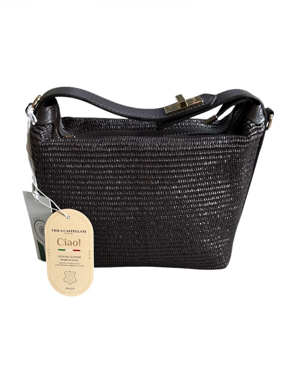 Viola Castellani Ciao Woven Straw Brown Satchel Leather Bag